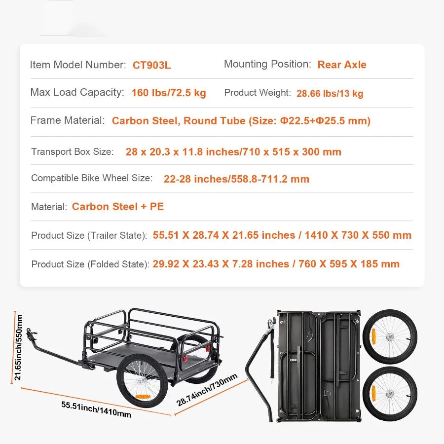 Bike Cargo Trailer 160 lbs Capacity Heavy-Duty