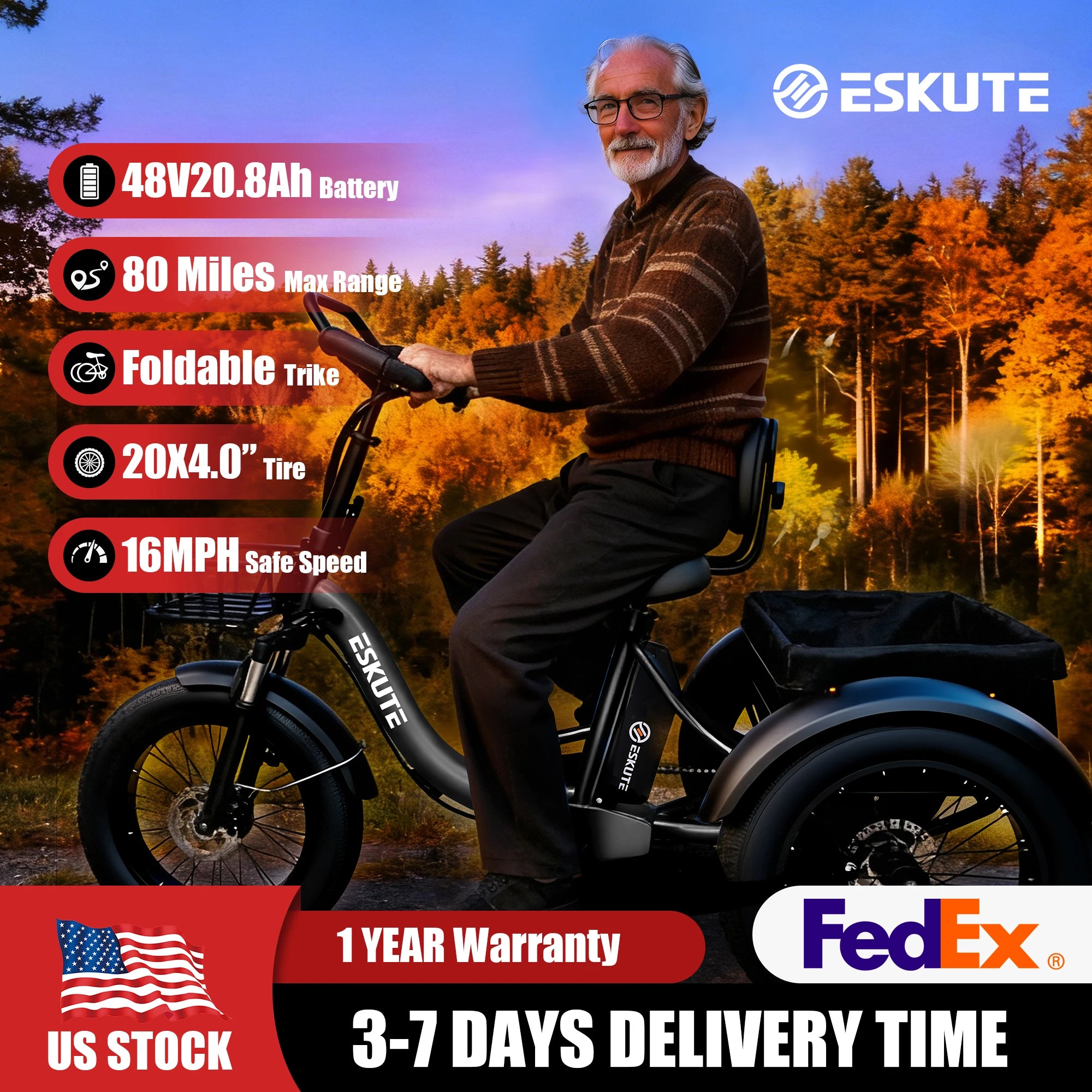 Electric Trike for Adults, 998.4Wh , 1200W Peak  20"x4.0" Fat Tires,