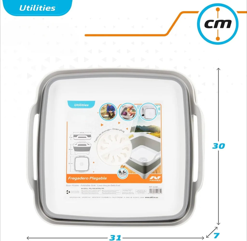 Foldable Camping Sink, Plastic and Rubber, 8.5 Liters, 30.5 X 30 X 20/7