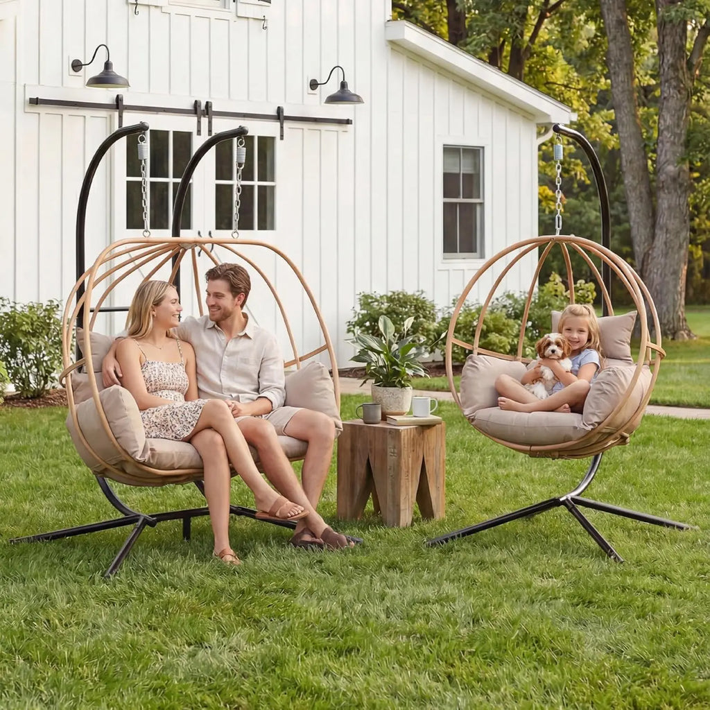 Double Egg Hanging Swing Chair with Stand Cushions Headrest 80"H Metal Basket