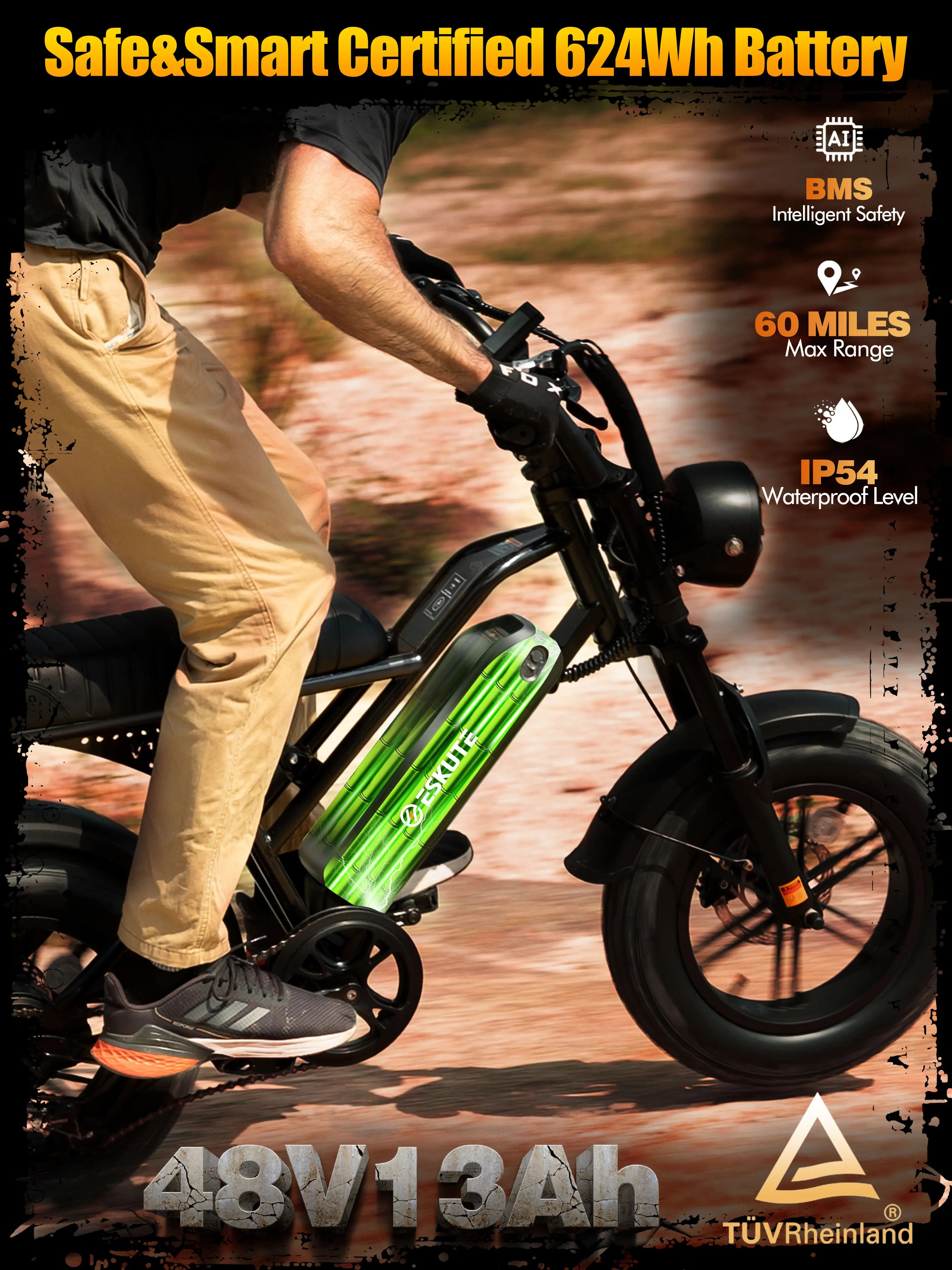 1500W Peak 28MPH 48V13Ah Motorcycle, 16"x4" Fat Tire Dual Suspension