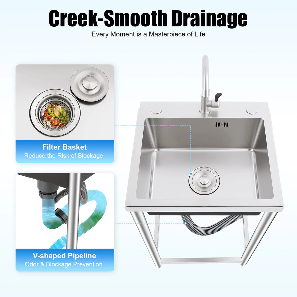 Freestanding Kitchen Sink with 360° Faucet, Sink, 45*41*75cm