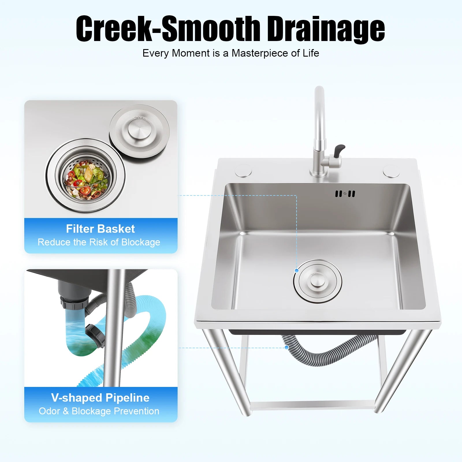 Freestanding Kitchen Sink with 360° Faucet, Sink, 45*41*75cm