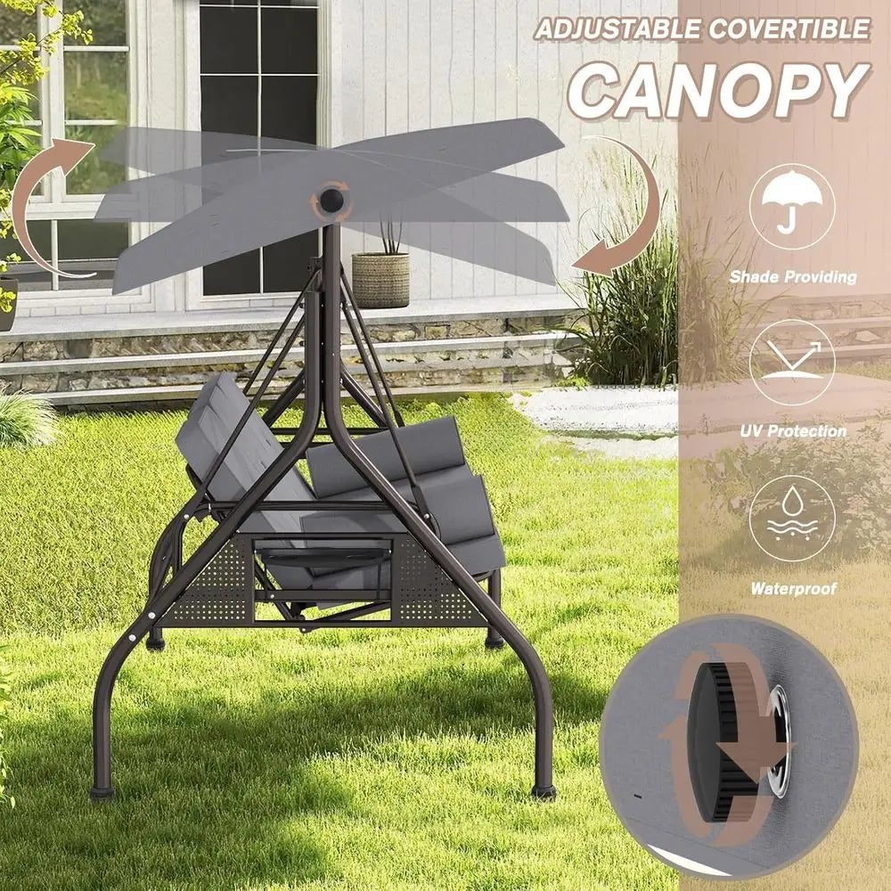 3 Seat Outdoor Porch Swing Chair, Adjustable Canopy  Convertible with Thicken Cushions,