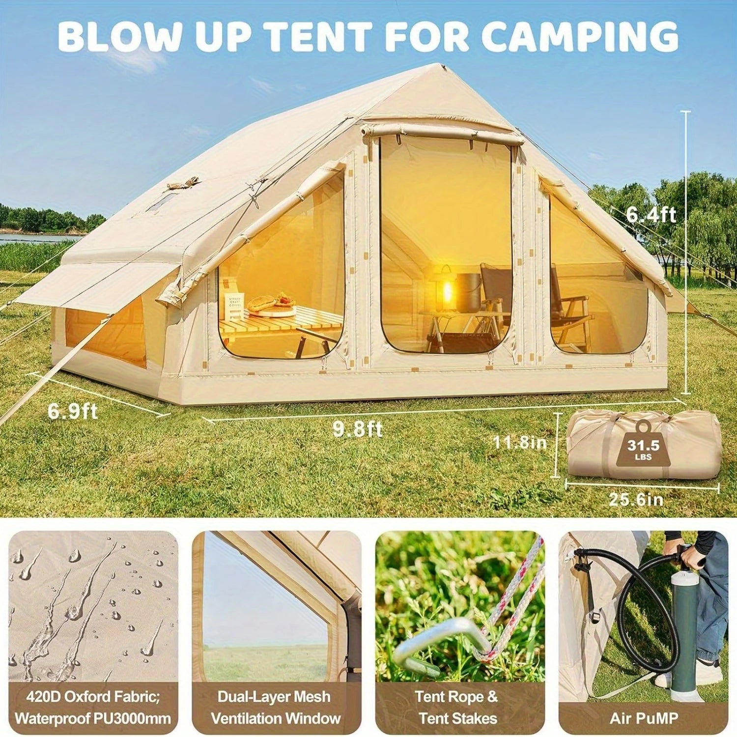 Inflatable tent camping for 1-6 people, hand pump large