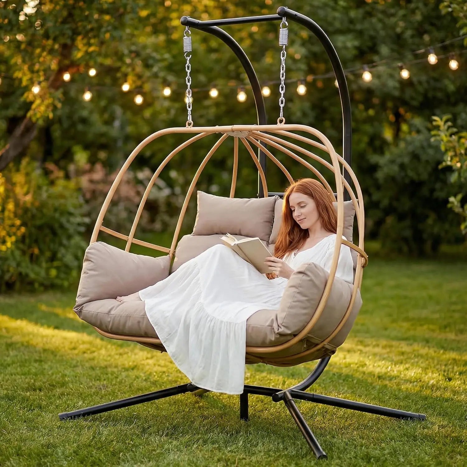 Double Egg Hanging Swing Chair with Stand Cushions Headrest 80"H Metal Basket