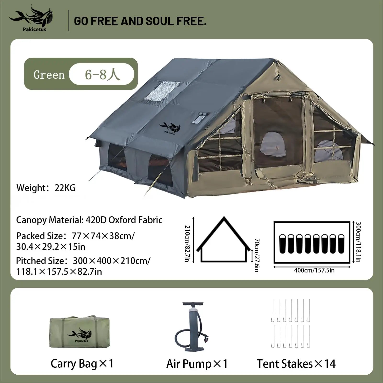 Inflatable Camping Tent, Waterproof  for 4-8 Persons,