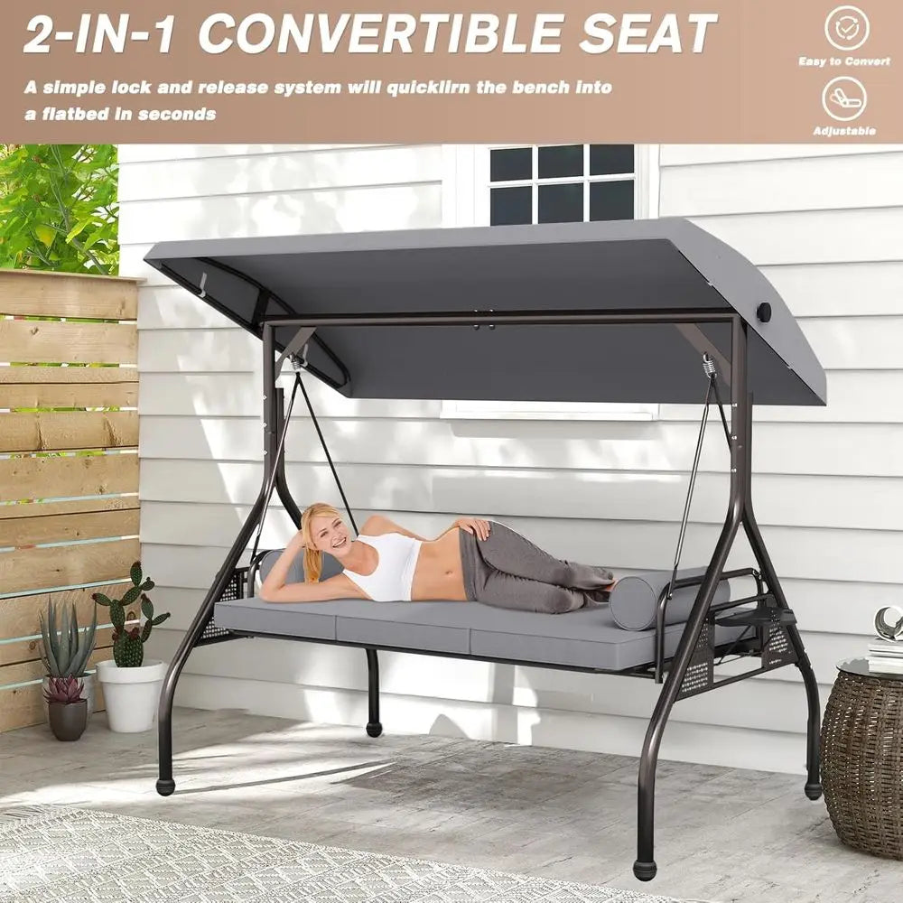 3 Seat Outdoor Porch Swing Chair, Adjustable Canopy  Convertible with Thicken Cushions,