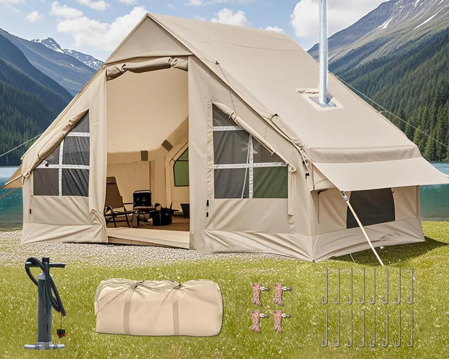 4-6 Person Inflatable Tent  , Stove Jack,   Air Beams, 2 Doors