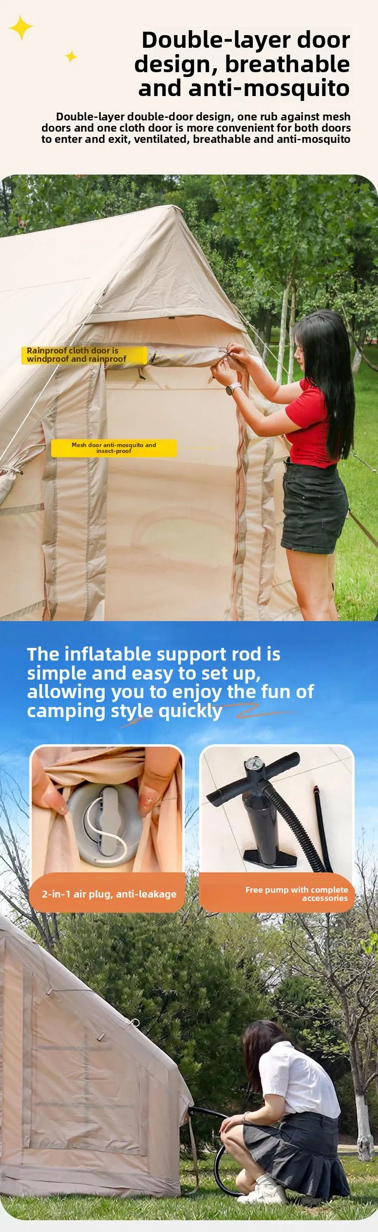 Inflatable tent camping for 1-6 people, hand pump large