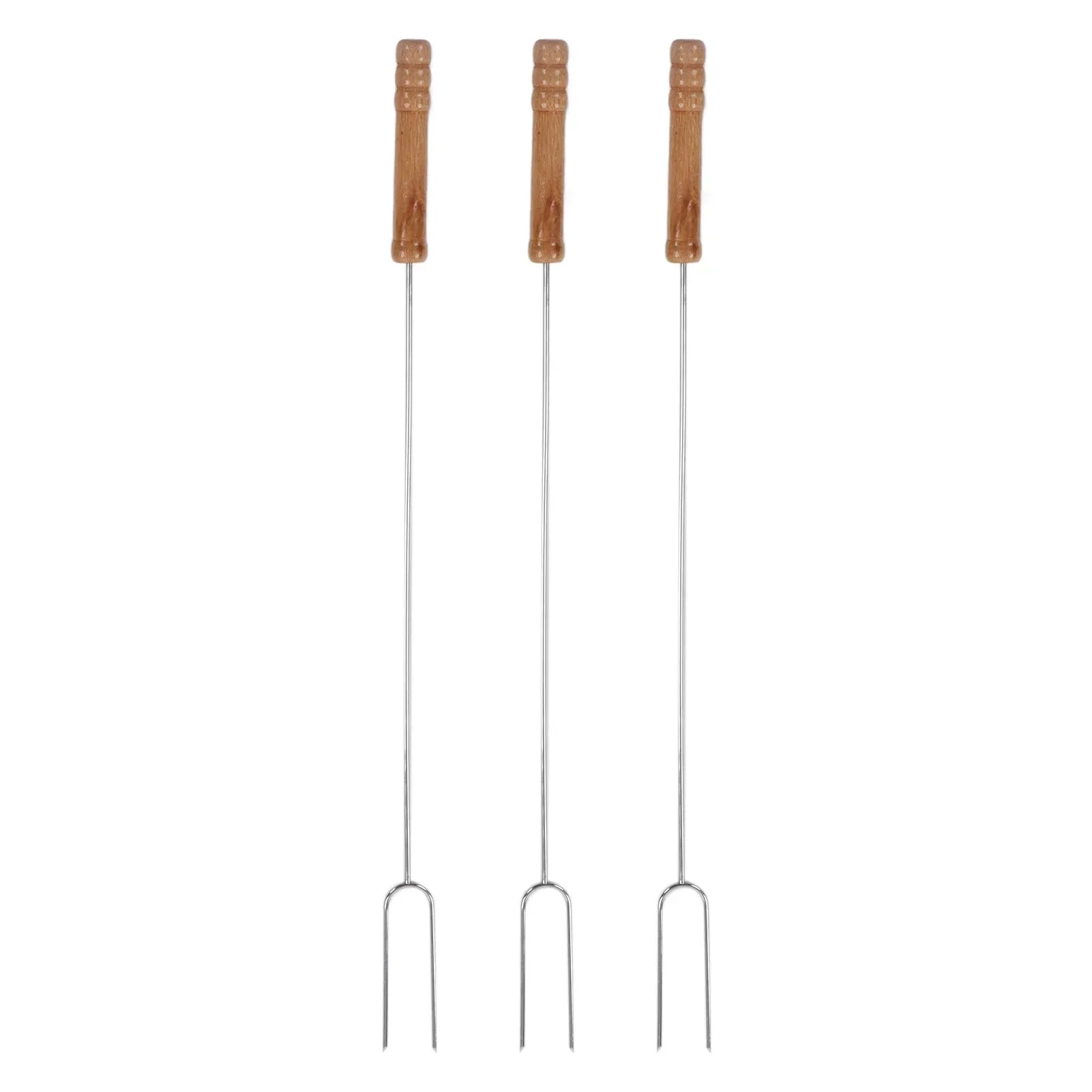 3Pcs 47.2cm Barbecue Forks Stainless Steel  Wood Handle