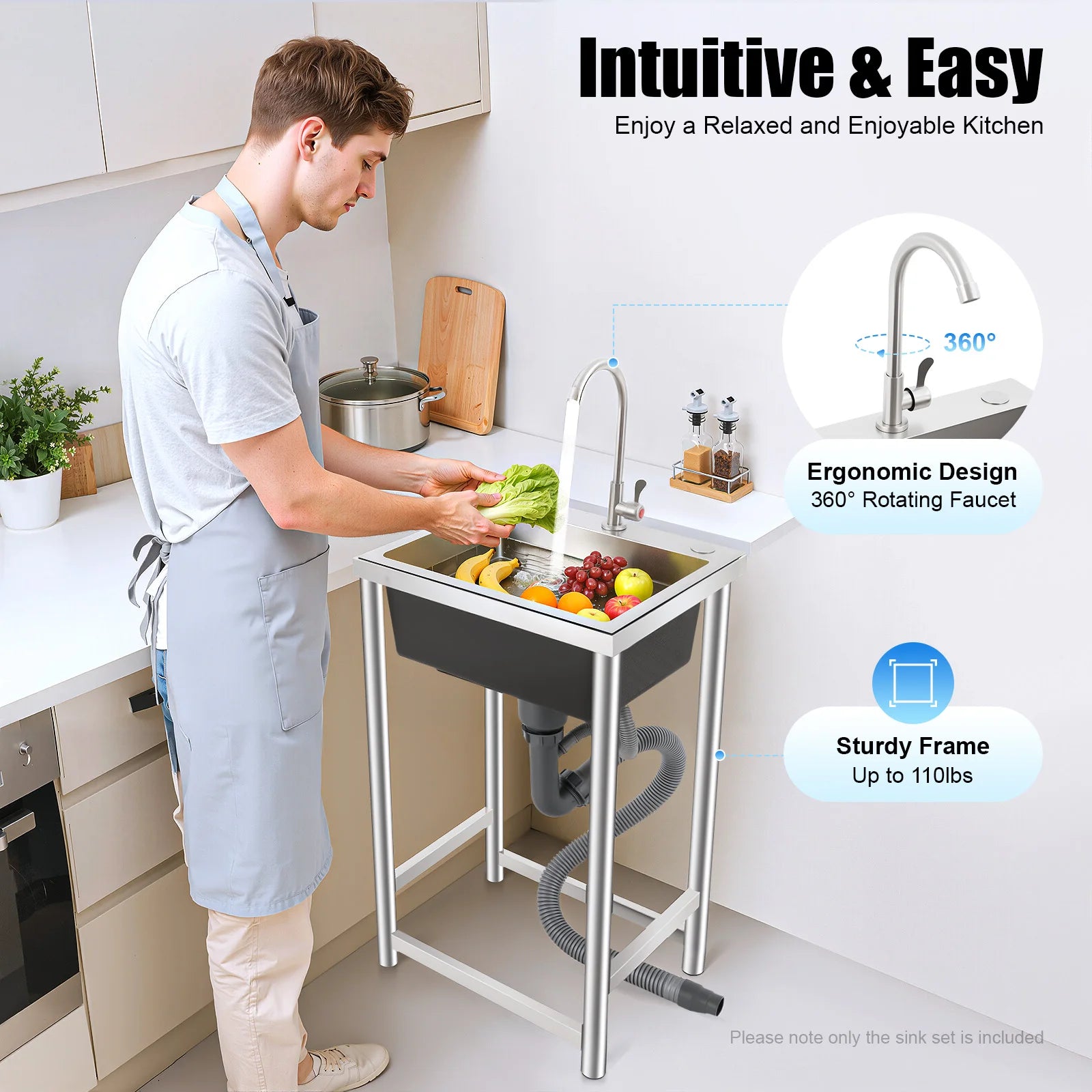 Freestanding Kitchen Sink with 360° Faucet, Sink, 45*41*75cm