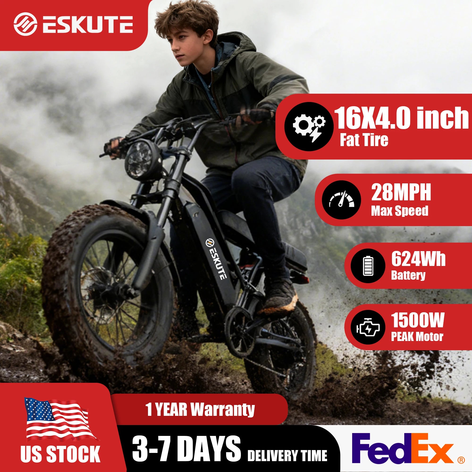 1500W Peak 28MPH 48V13Ah Motorcycle, 16"x4" Fat Tire Dual Suspension