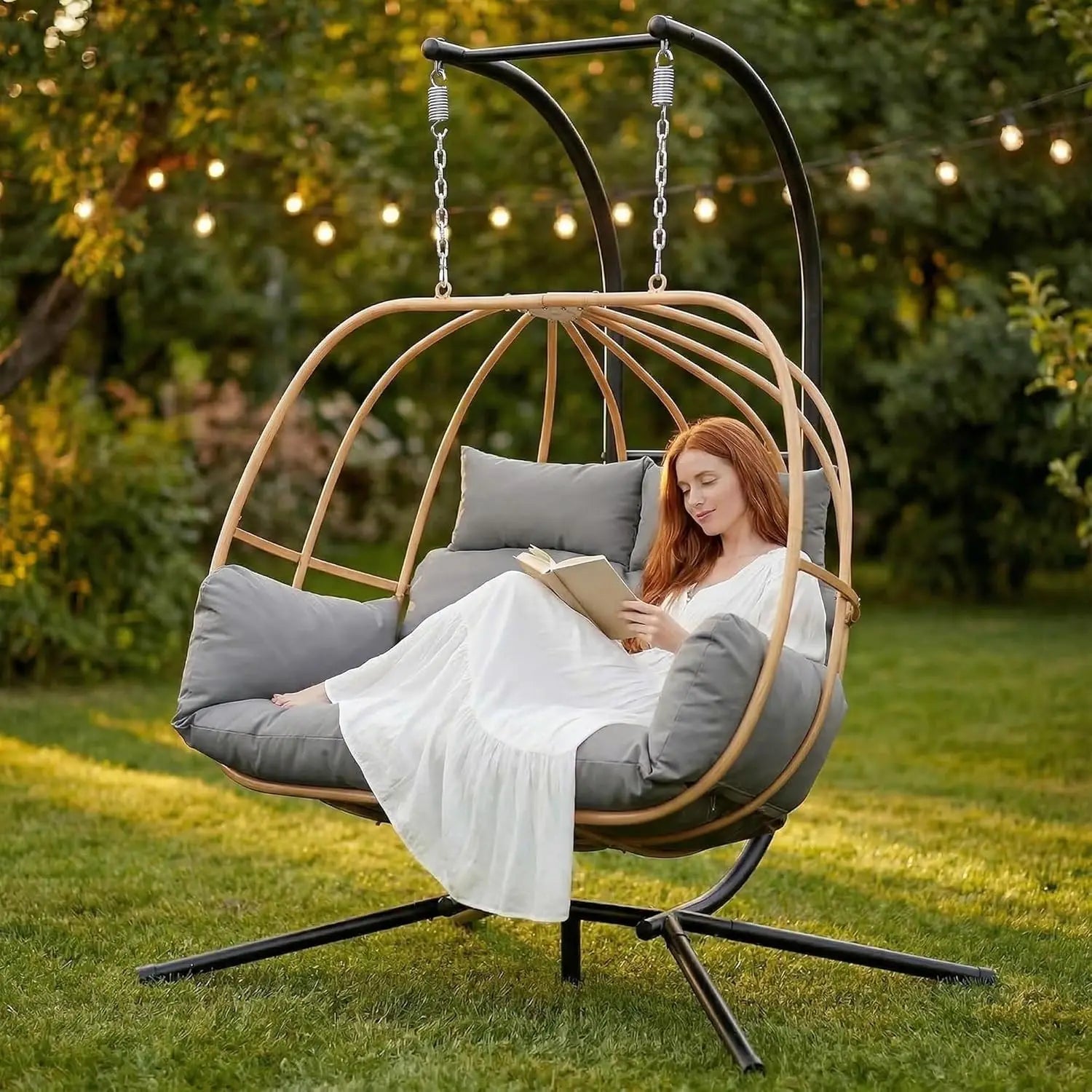 Double Egg Hanging Swing Chair with Stand Cushions Headrest 80"H Metal Basket