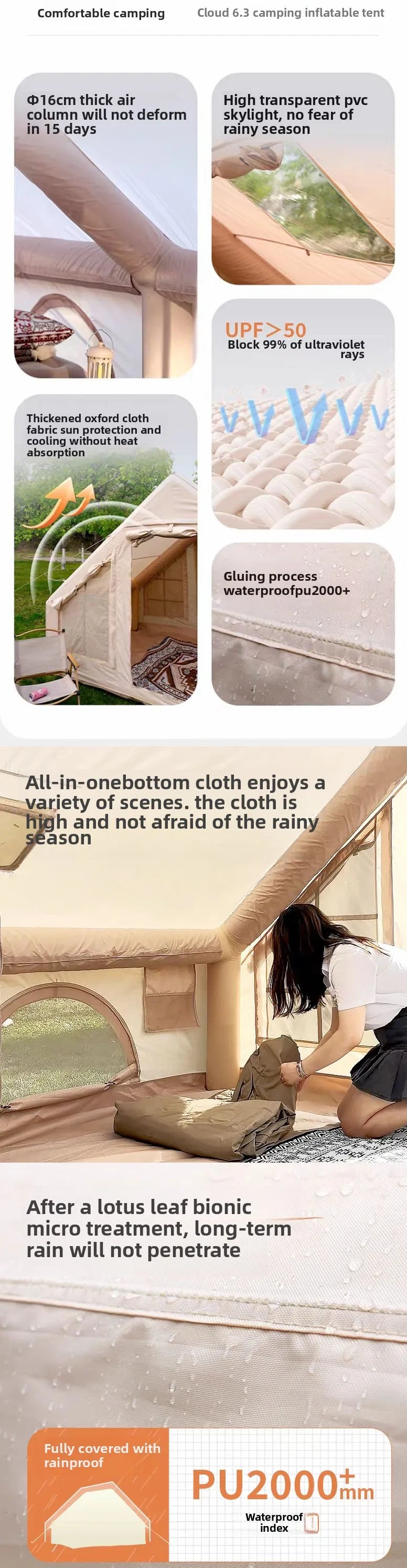 Inflatable tent camping for 1-6 people, hand pump large