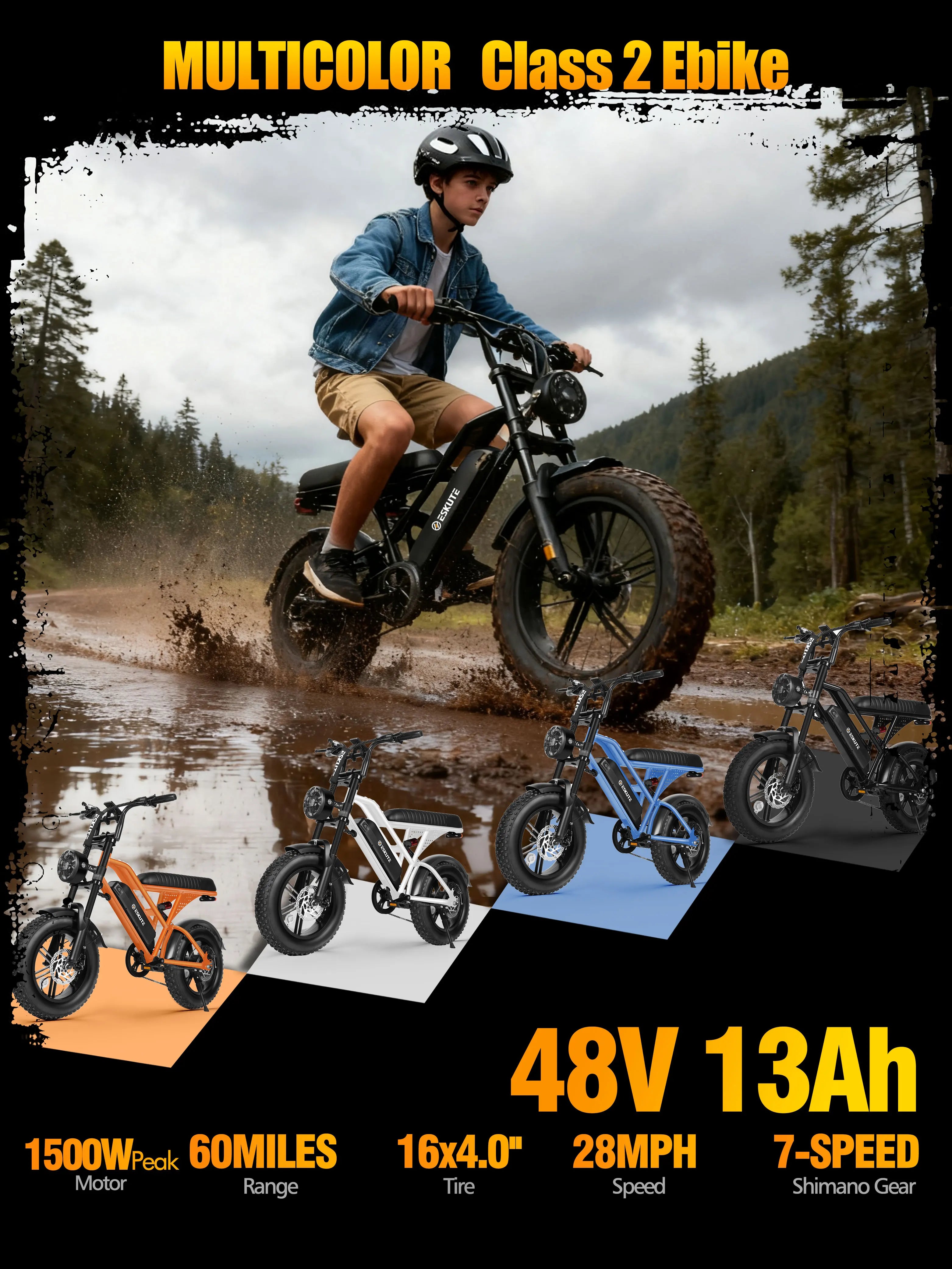 1500W Peak 28MPH 48V13Ah Motorcycle, 16"x4" Fat Tire Dual Suspension