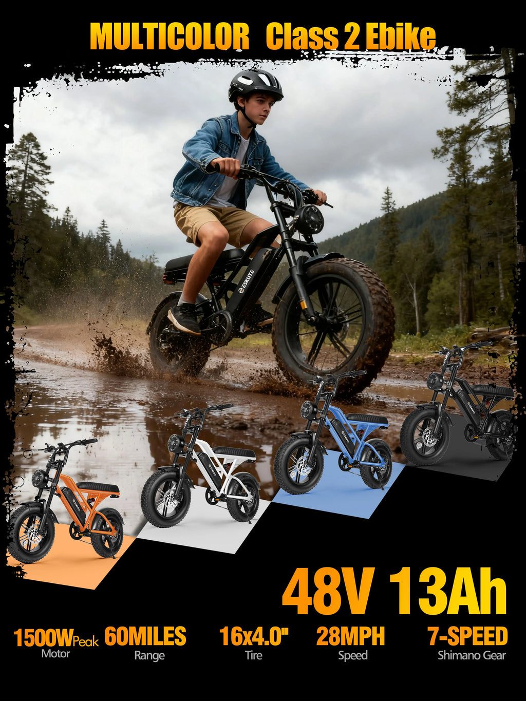 1500W Peak 28MPH 48V13Ah Motorcycle, 16"x4" Fat Tire Dual Suspension