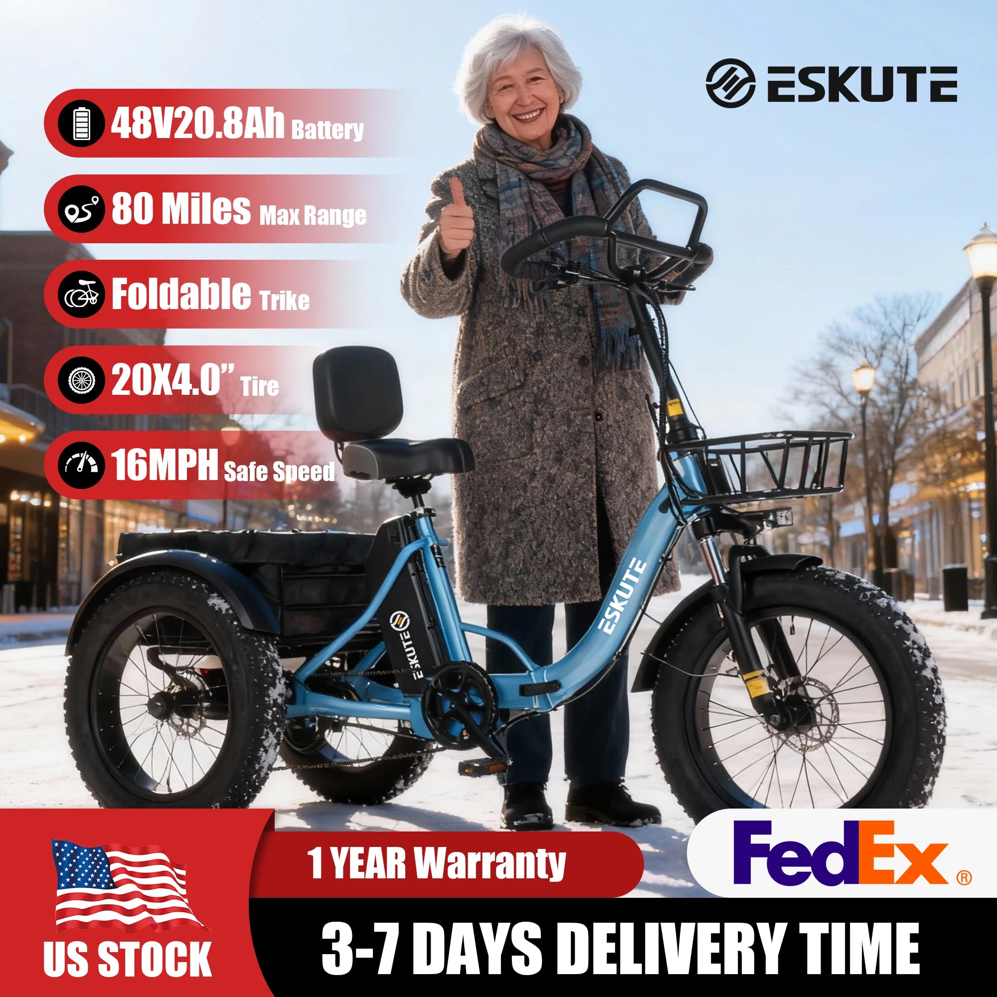 Electric Trike for Adults, 998.4Wh , 1200W Peak  20"x4.0" Fat Tires,
