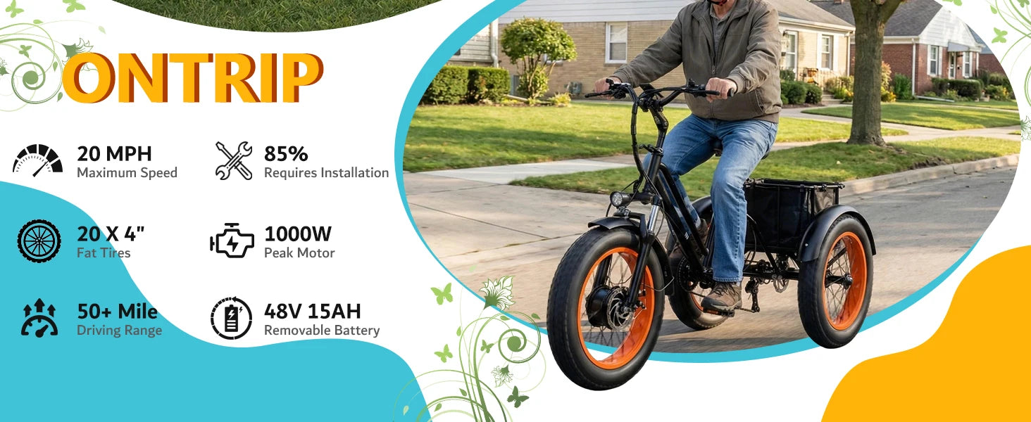 1000W Peak Adult Electric Trike | "Fat Tire, 48V 15AH  , 50-Mile