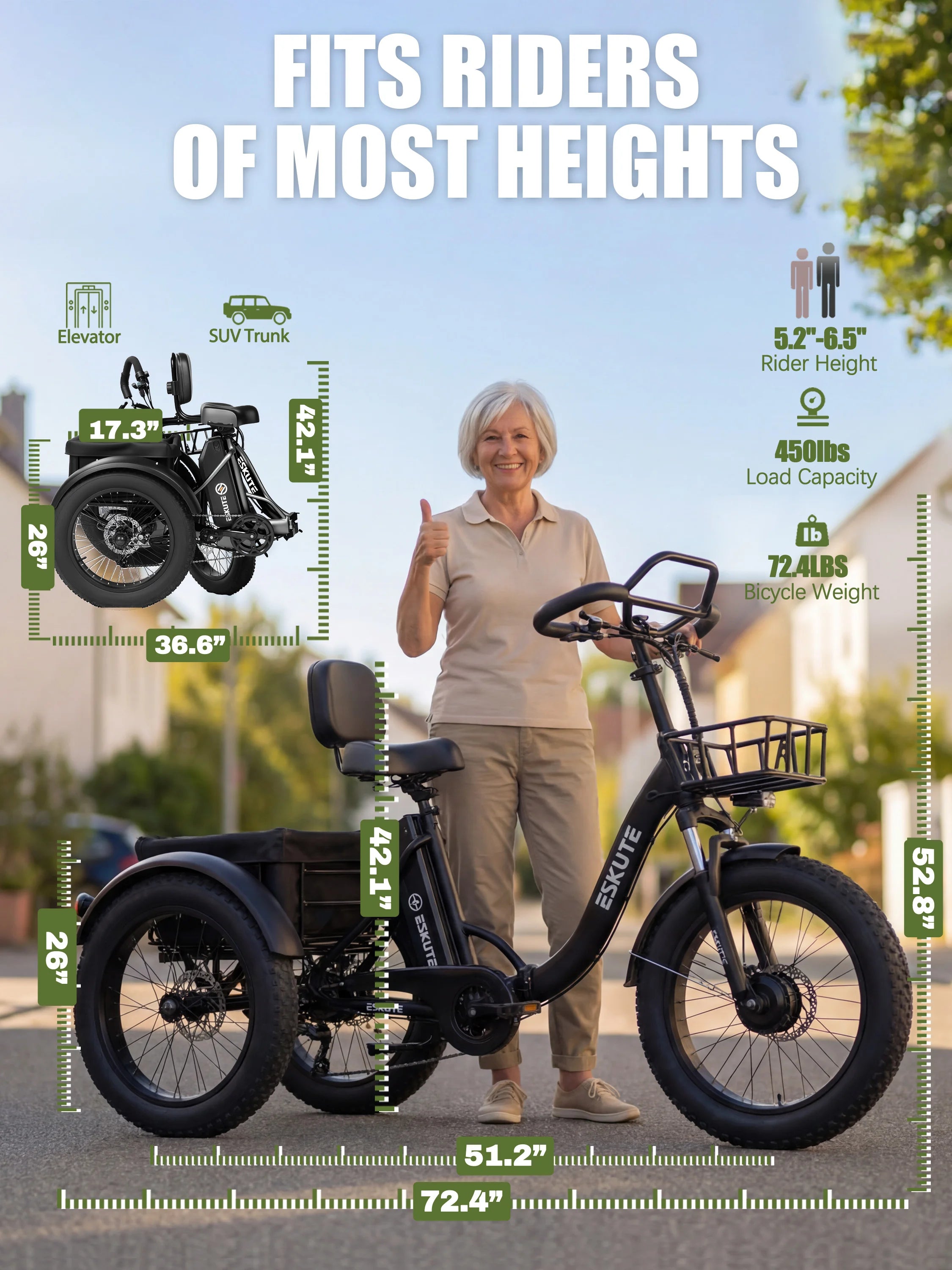 Electric Trike for Adults, 998.4Wh , 1200W Peak  20"x4.0" Fat Tires,