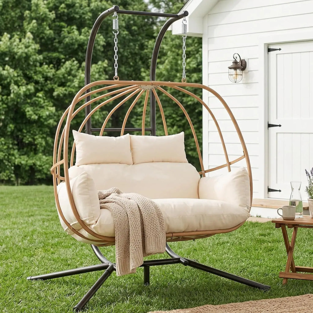 Double Egg Hanging Swing Chair with Stand Cushions Headrest 80"H Metal Basket