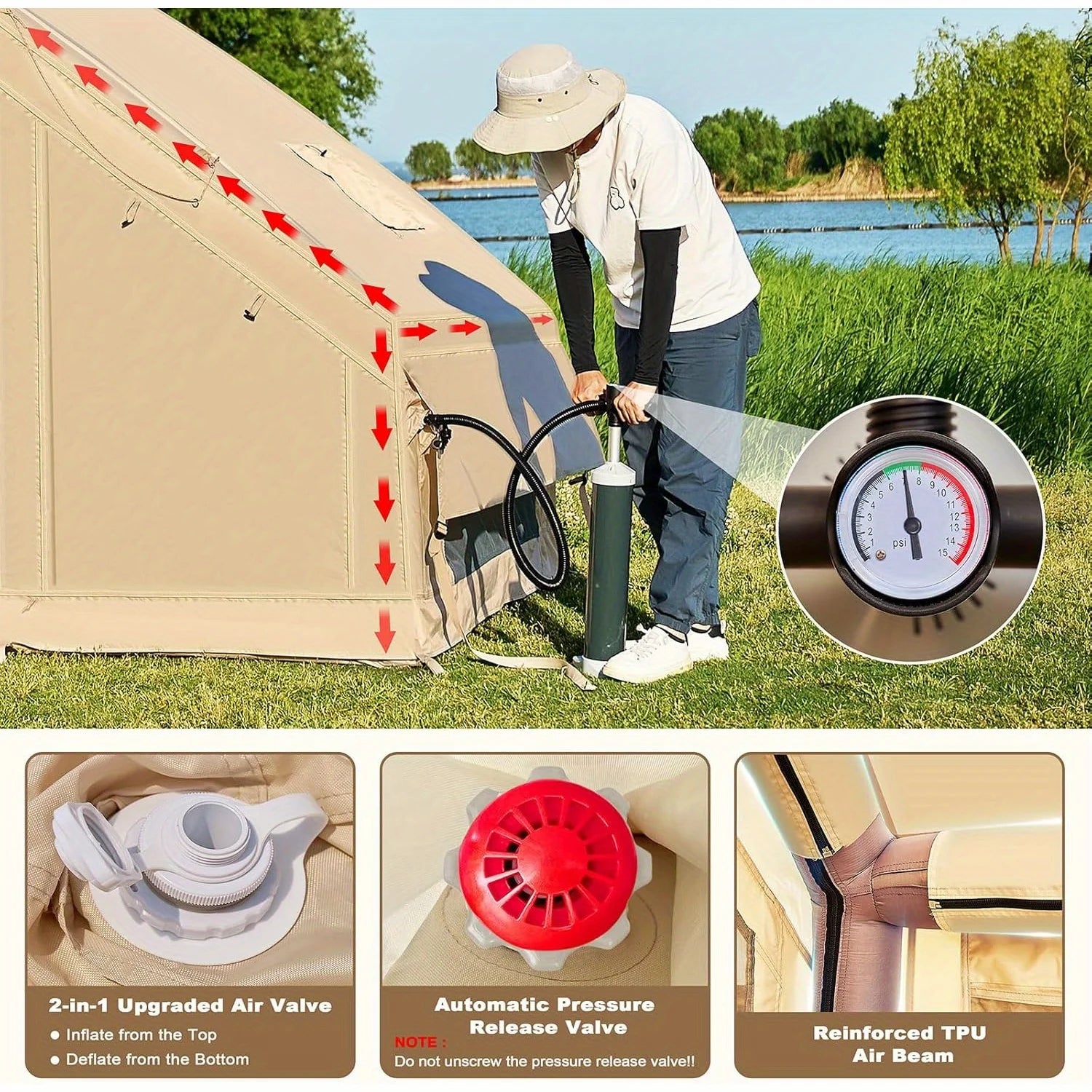 Inflatable tent camping for 1-6 people, hand pump large