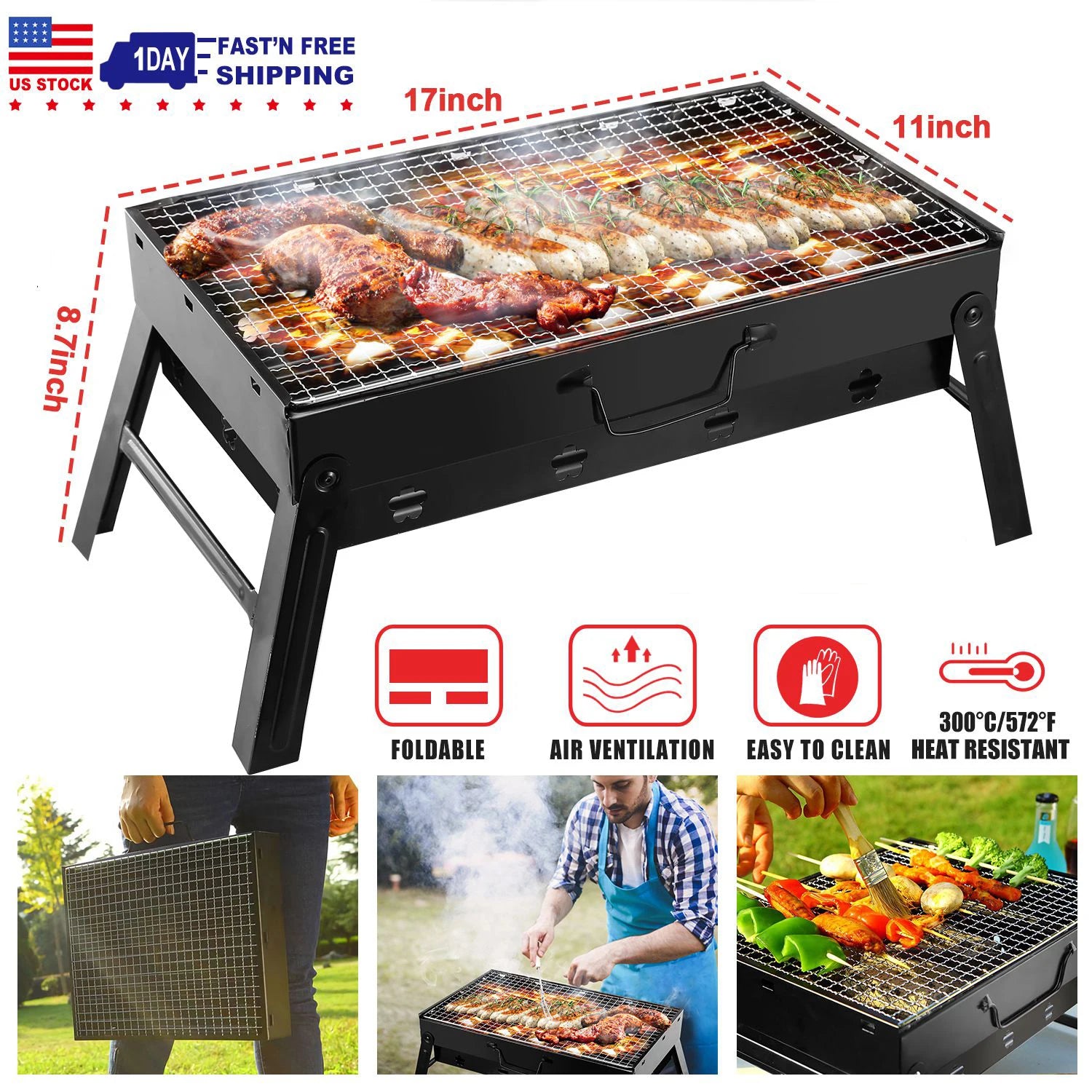 Portable Charcoal BBQ Grill Folding Stainless Steel BBQ