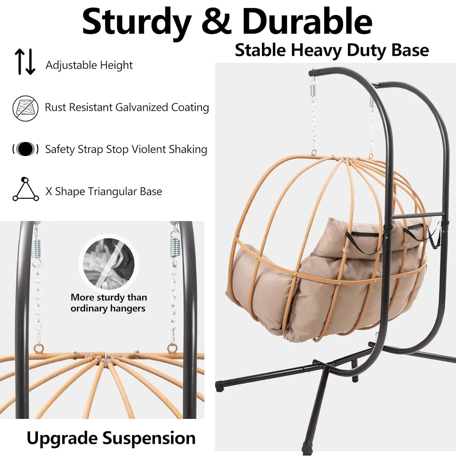 Double Egg Hanging Swing Chair with Stand Cushions Headrest 80"H Metal Basket