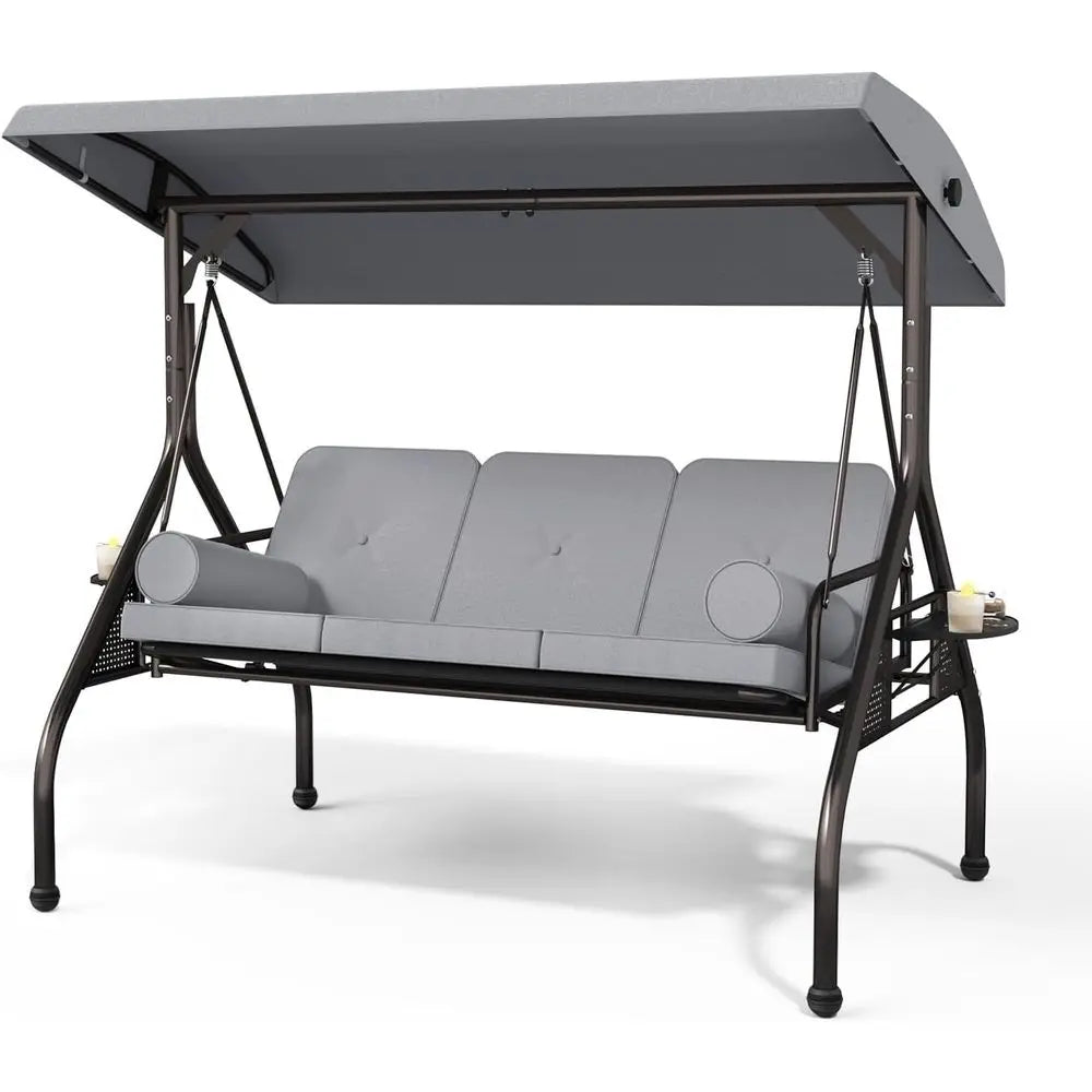3 Seat Outdoor Porch Swing Chair, Adjustable Canopy  Convertible with Thicken Cushions,