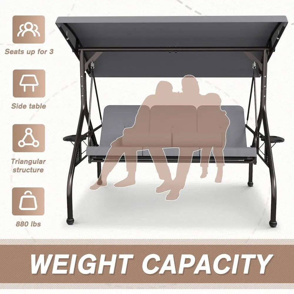 3 Seat Outdoor Porch Swing Chair, Adjustable Canopy  Convertible with Thicken Cushions,