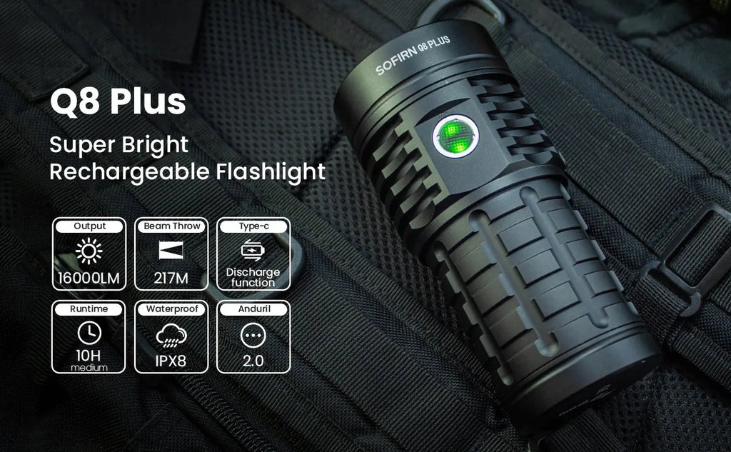 8 Plus Super Powerful LED Flashlight 16000lm USB C Rechargeable