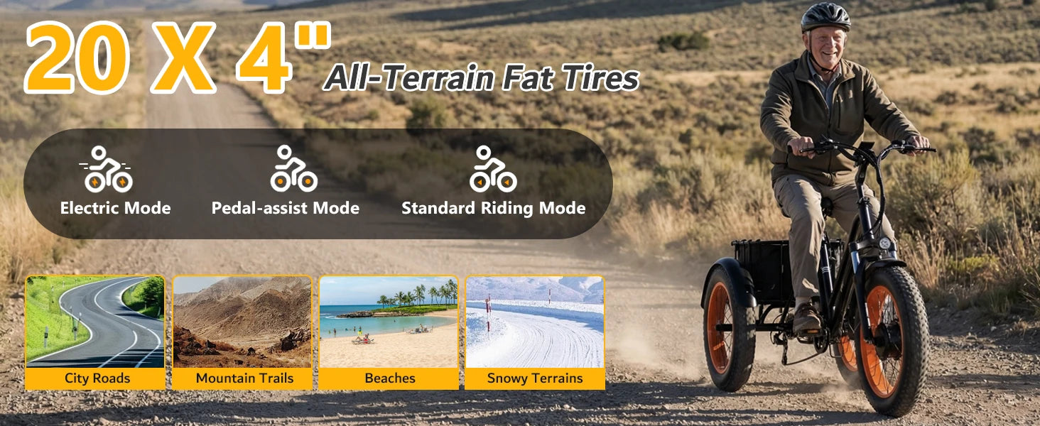 1000W Peak Adult Electric Trike | "Fat Tire, 48V 15AH  , 50-Mile