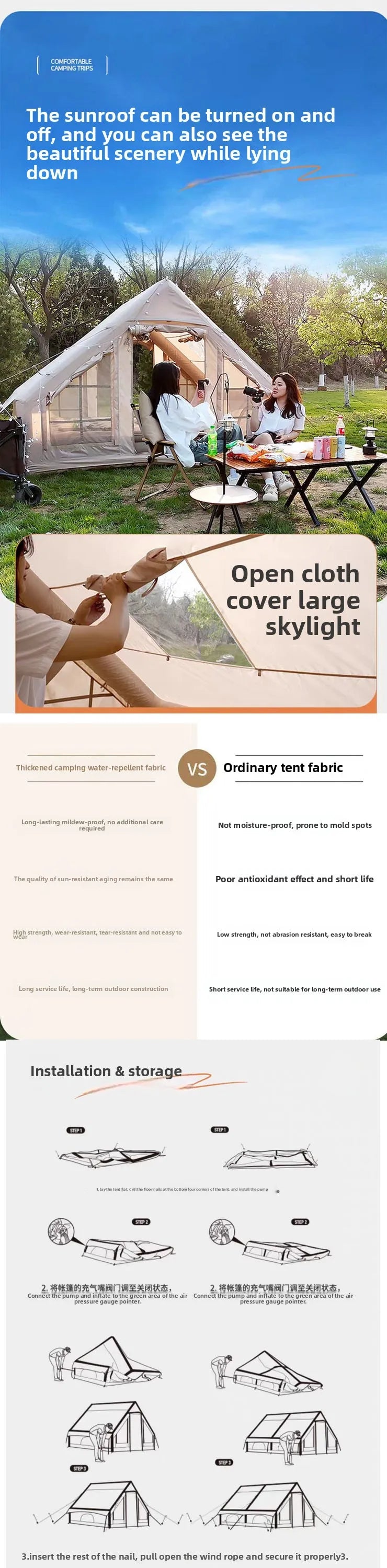 Inflatable tent camping for 1-6 people, hand pump large
