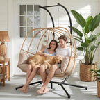 Double Egg Hanging Swing Chair with Stand Cushions Headrest 80"H Metal Basket