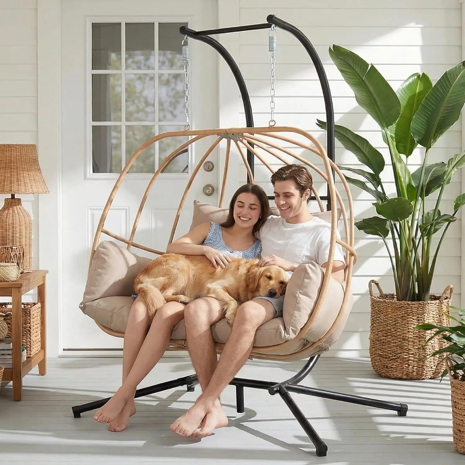 Double Egg Hanging Swing Chair with Stand Cushions Headrest 80"H Metal Basket