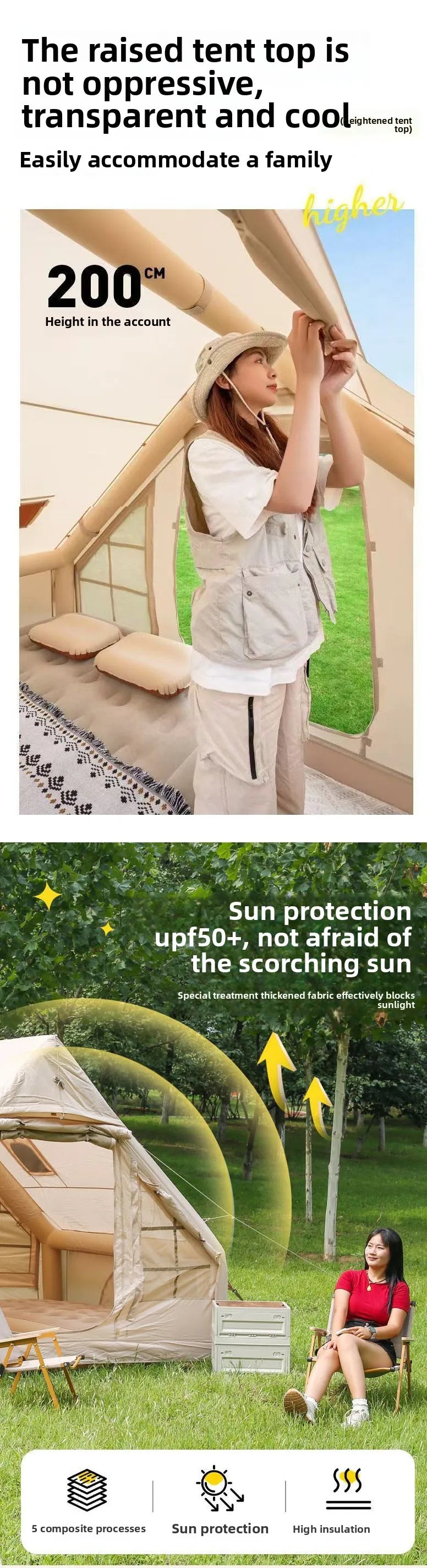 Inflatable tent camping for 1-6 people, hand pump large