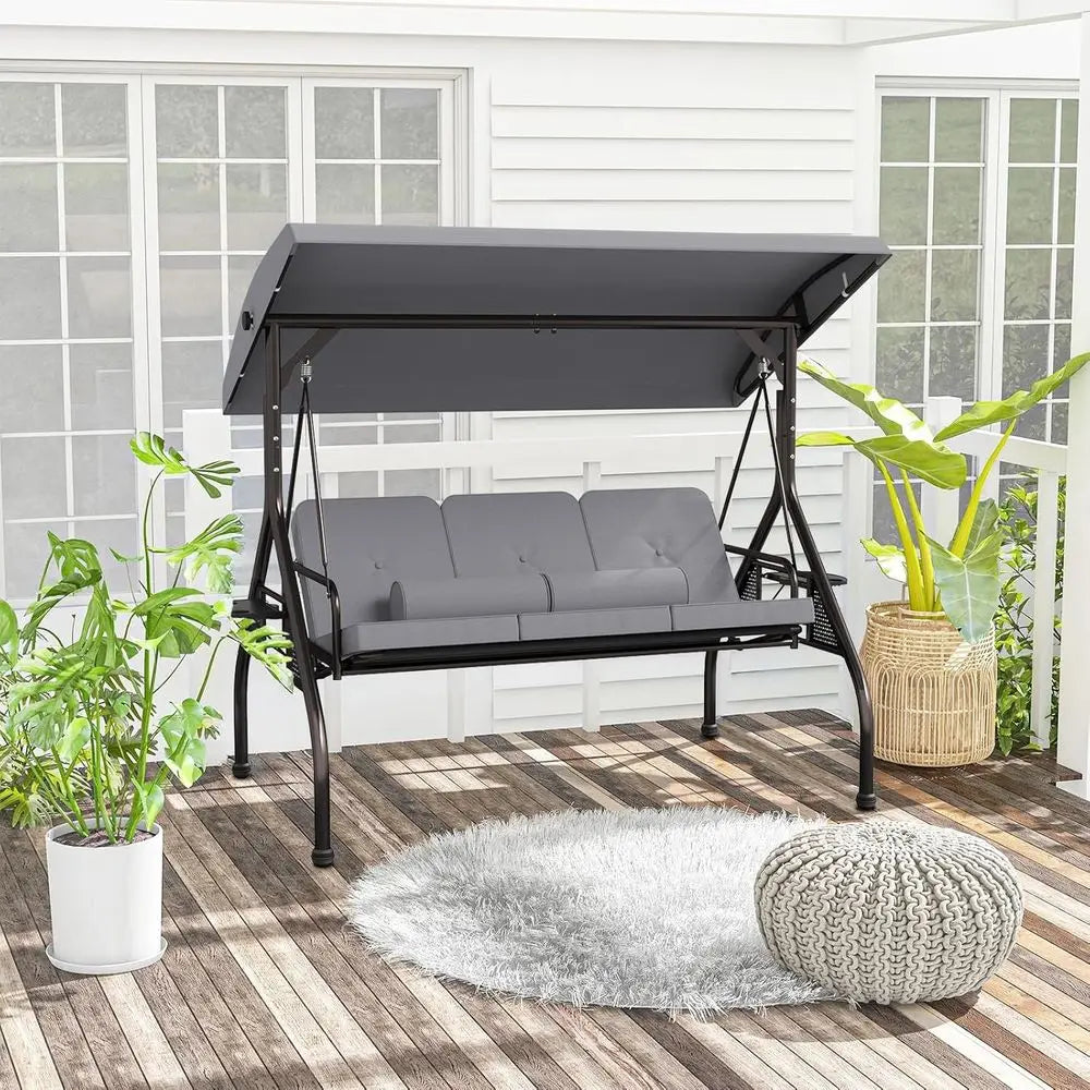 3 Seat Outdoor Porch Swing Chair, Adjustable Canopy  Convertible with Thicken Cushions,
