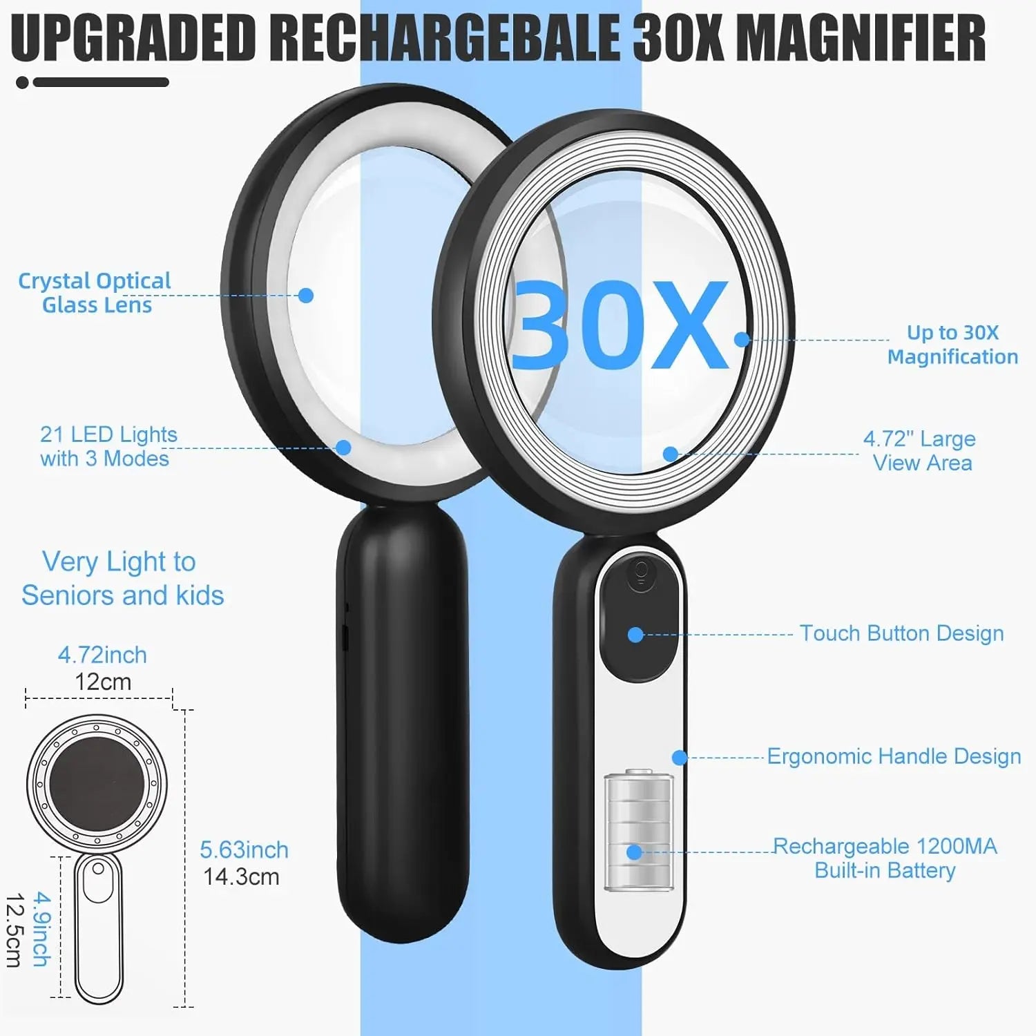 Rechargeable Magnifying Glass with Light, 30X 4.7IN