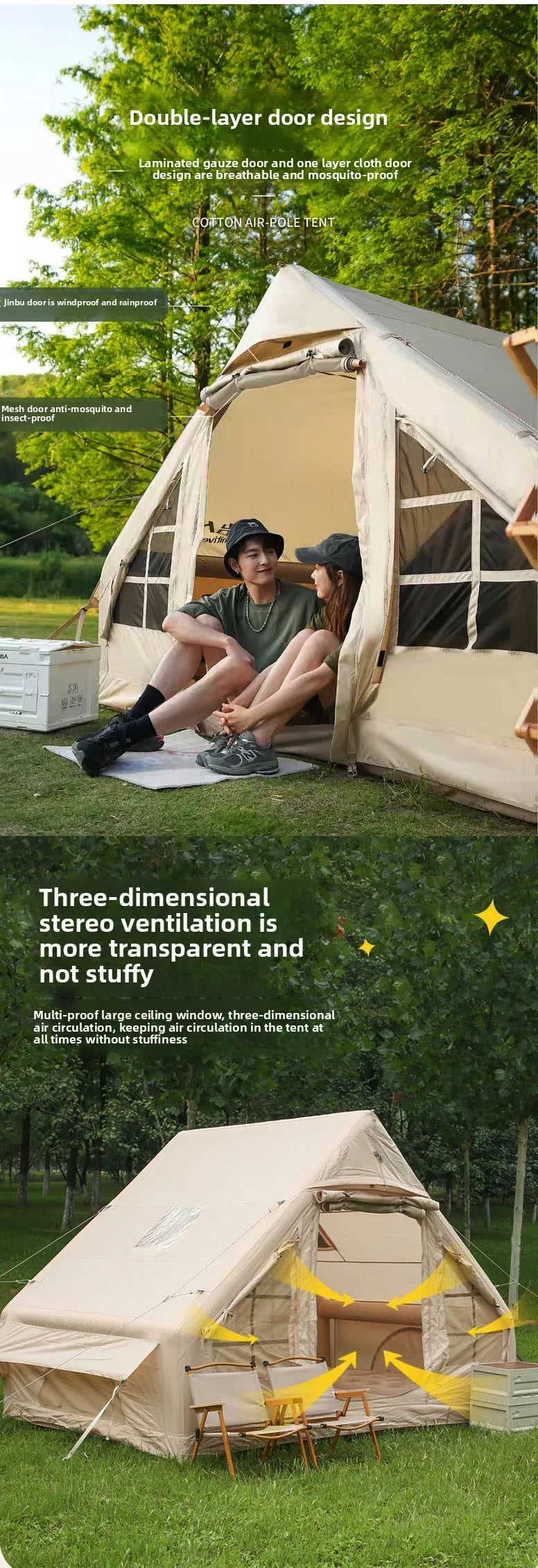 Inflatable tent camping for 1-6 people, hand pump large