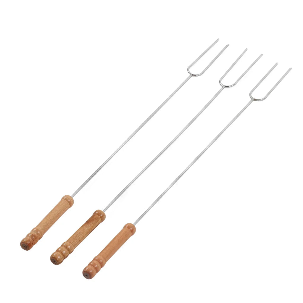 3Pcs 47.2cm Barbecue Forks Stainless Steel  Wood Handle