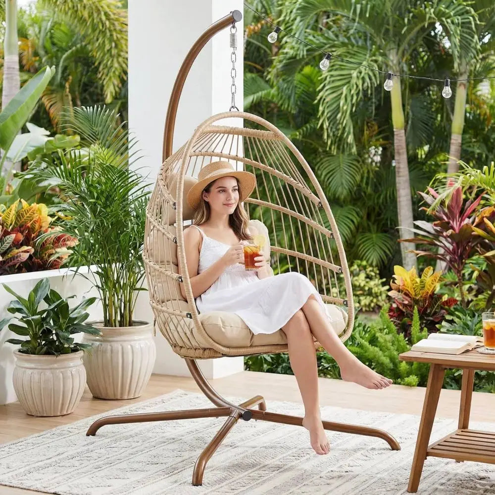 Indoor Swinging Egg Chair with Stand, 350 Lbs Water-Resistant Wicker