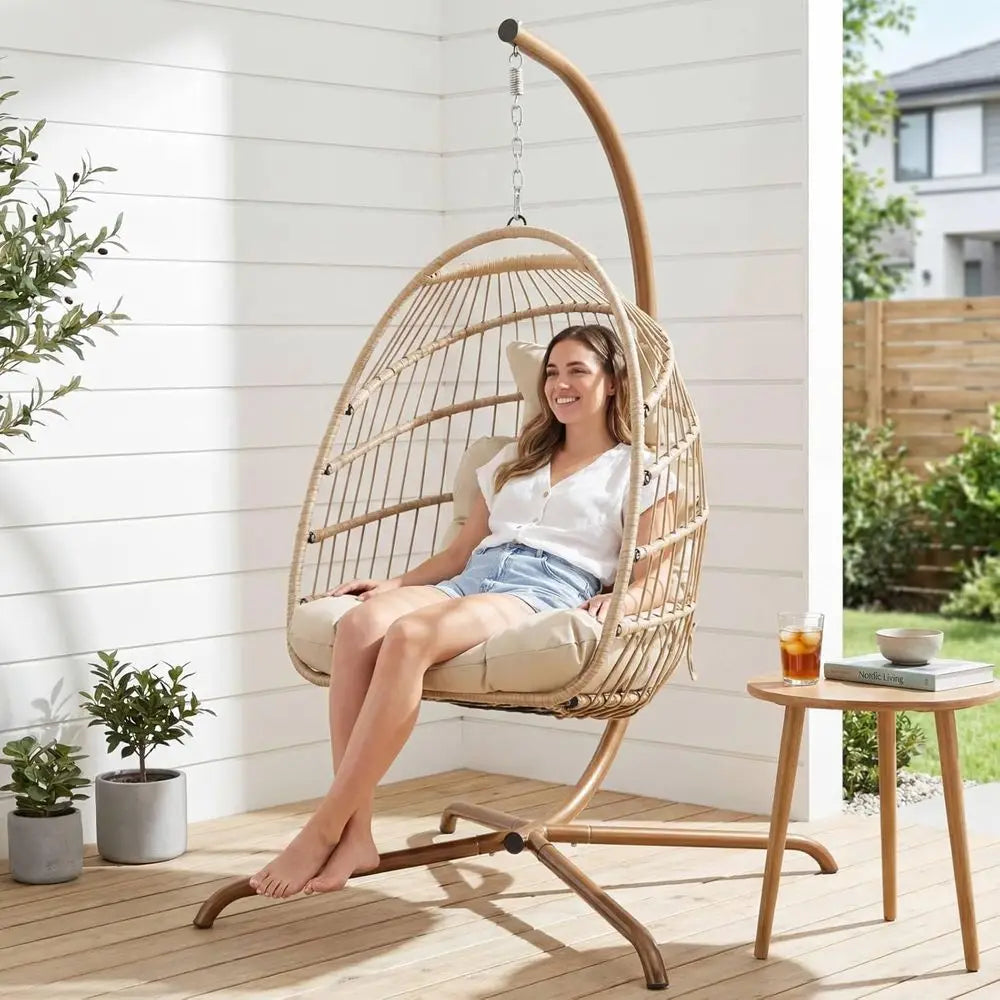 Indoor Swinging Egg Chair with Stand, 350 Lbs Water-Resistant Wicker