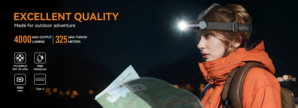 Headlamp 4000lm 21700 USB C Rechargeable, LED
