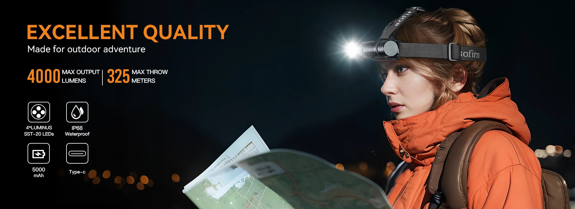 Headlamp 4000lm 21700 USB C Rechargeable, LED