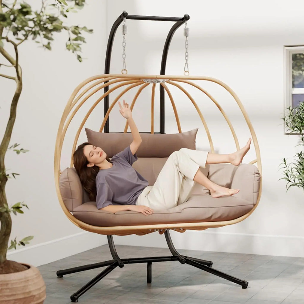 Double Egg Hanging Swing Chair with Stand Cushions Headrest 80"H Metal Basket