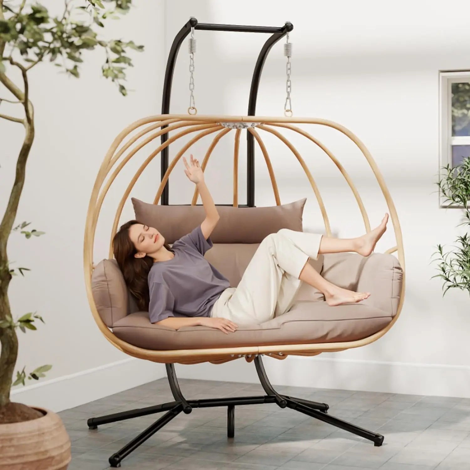 Double Egg Hanging Swing Chair with Stand Cushions Headrest 80"H Metal Basket