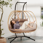 Double Egg Hanging Swing Chair with Stand Cushions Headrest 80"H Metal Basket