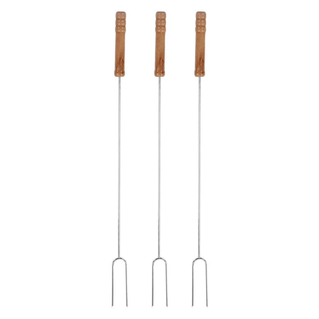 3Pcs 47.2cm Barbecue Forks Stainless Steel  Wood Handle