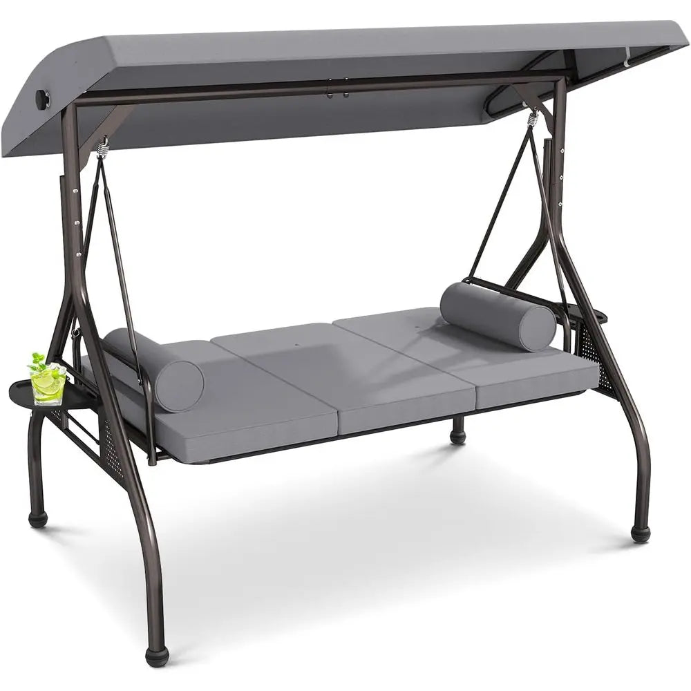 3 Seat Outdoor Porch Swing Chair, Adjustable Canopy  Convertible with Thicken Cushions,